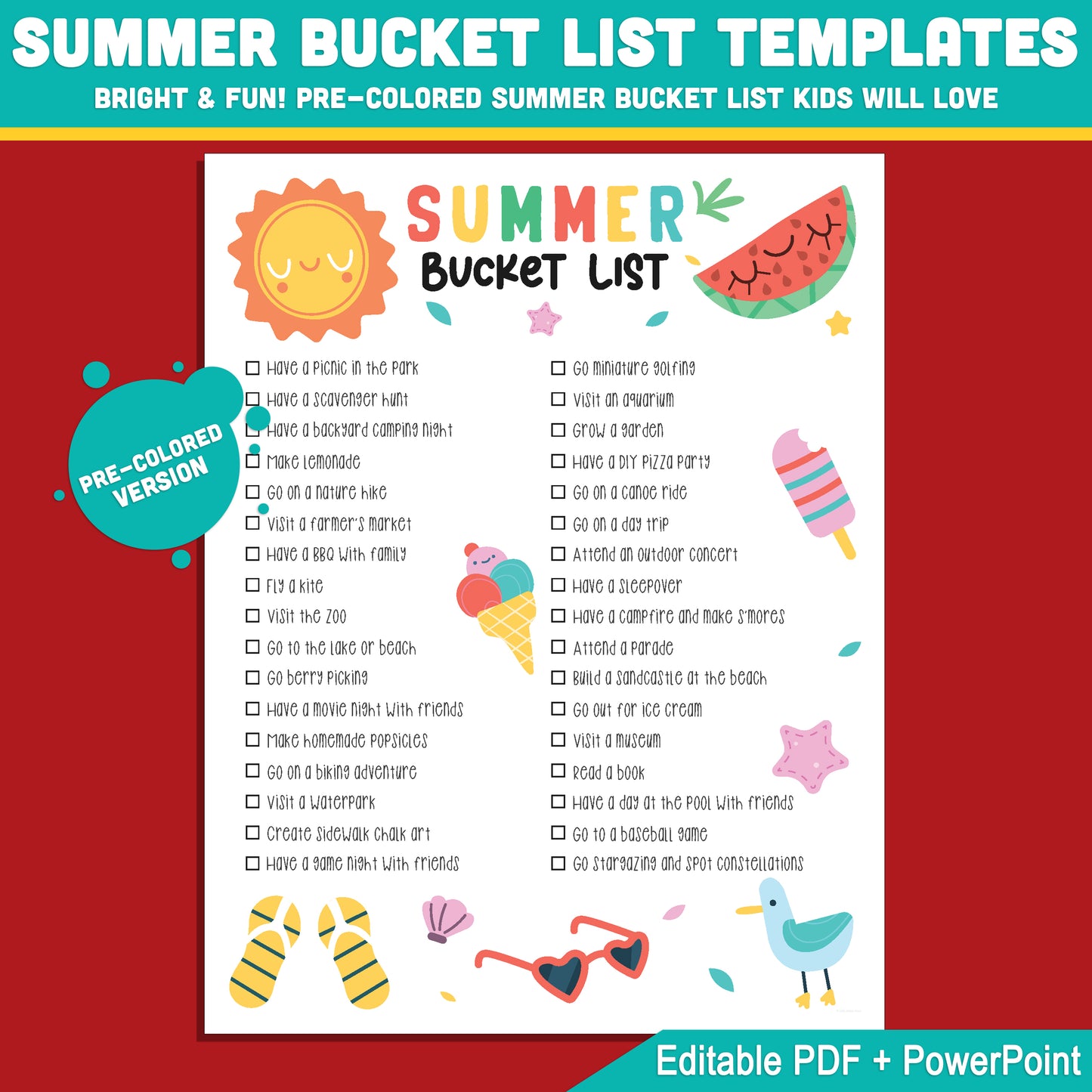 Editable Summer Break Checklist Printable – Fun Bucket List Template for Kids in PDF & PowerPoint with Coloring Options, Instant Download