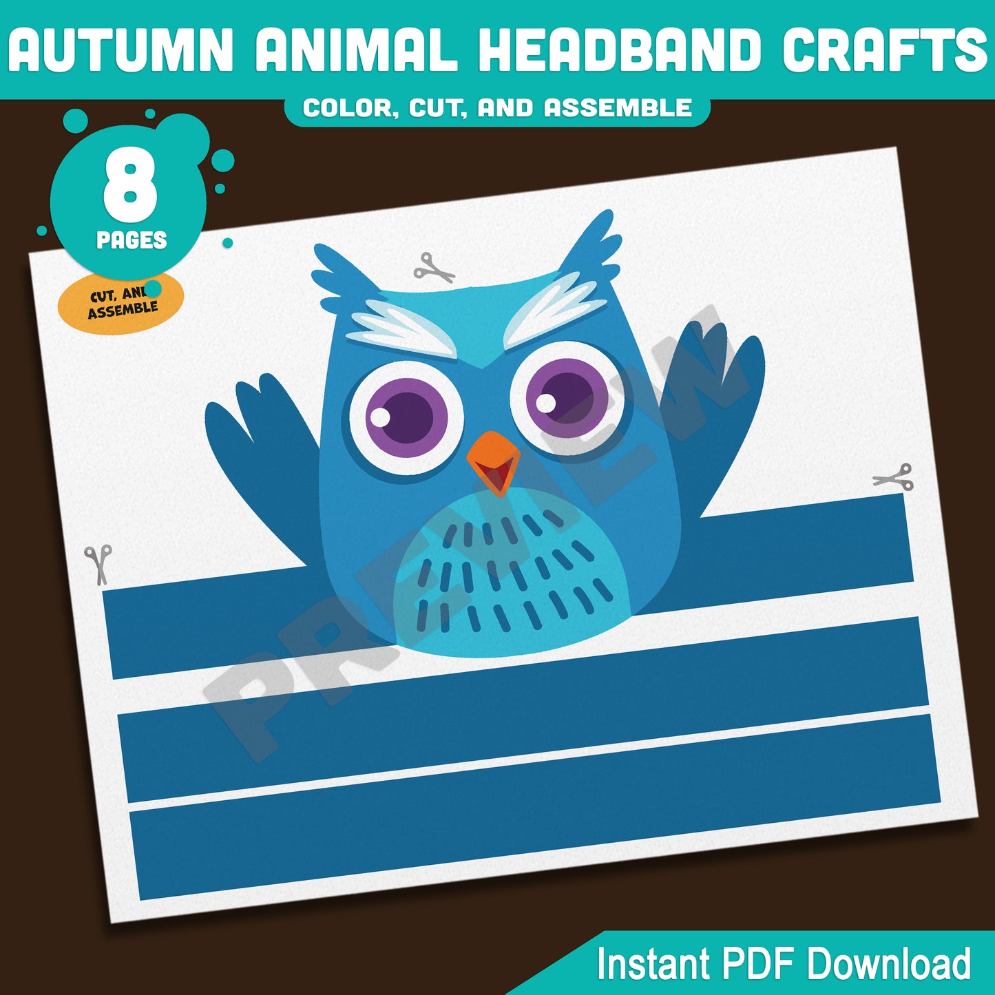 Printable Autumn Animal Headband Crafts, Fall Crown and Paper Hat Activity for Kids, Fun Color, Cut & Wear Craft, 5 Animal Designs, Black & White + Pre-colored, PDF