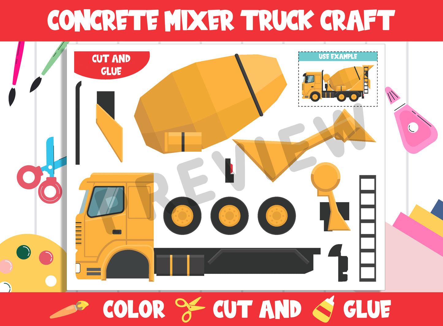 Construction Vehicle Craft Activity - Concrete Mixer Truck : Color, Cut, and Glue for PreK to 2nd Grade, PDF File, Instant Download
