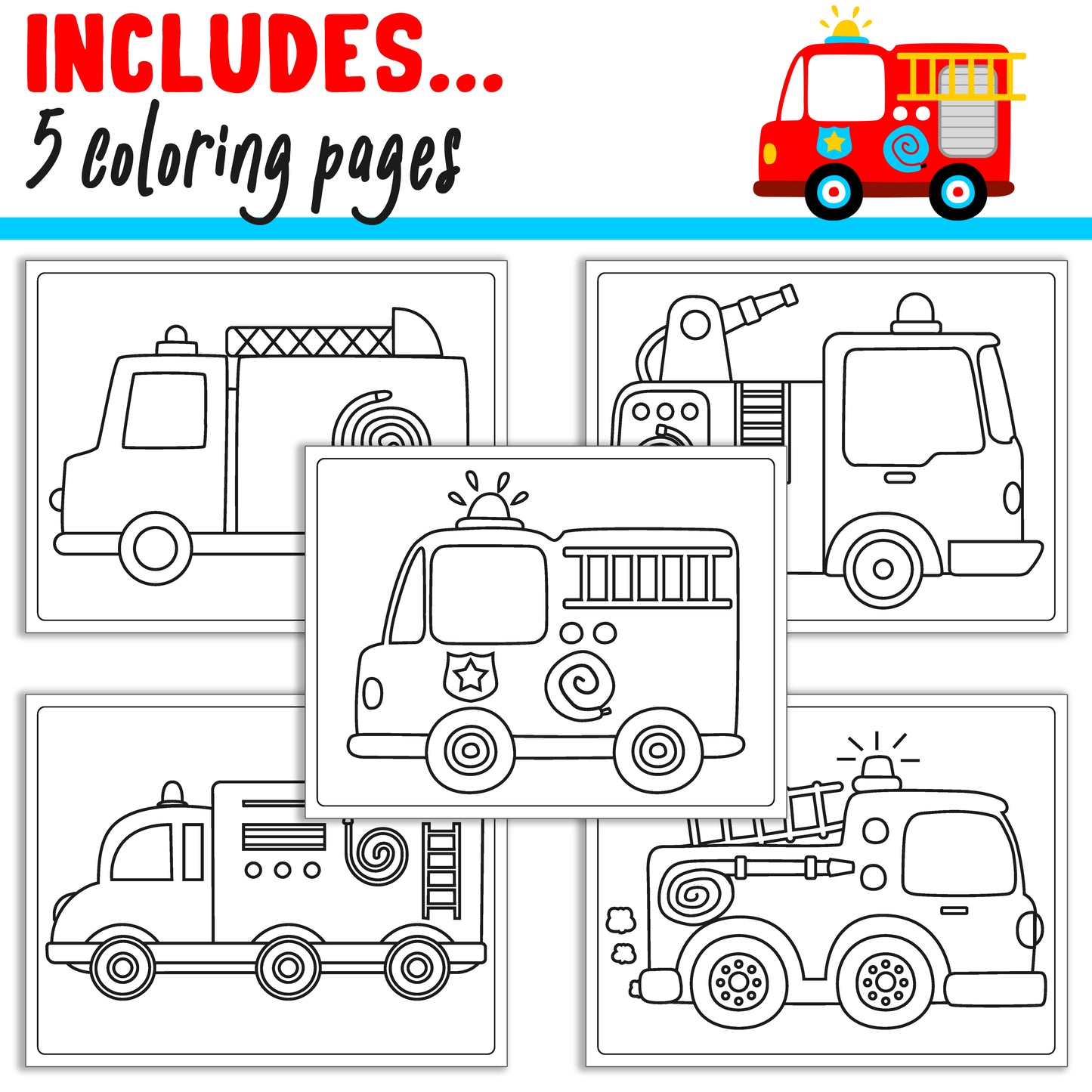 How To Draw a Fire Truck, Directed Drawing Step by Step Tutorial, Includes 5 Coloring Pages, PDF File, Instant Download