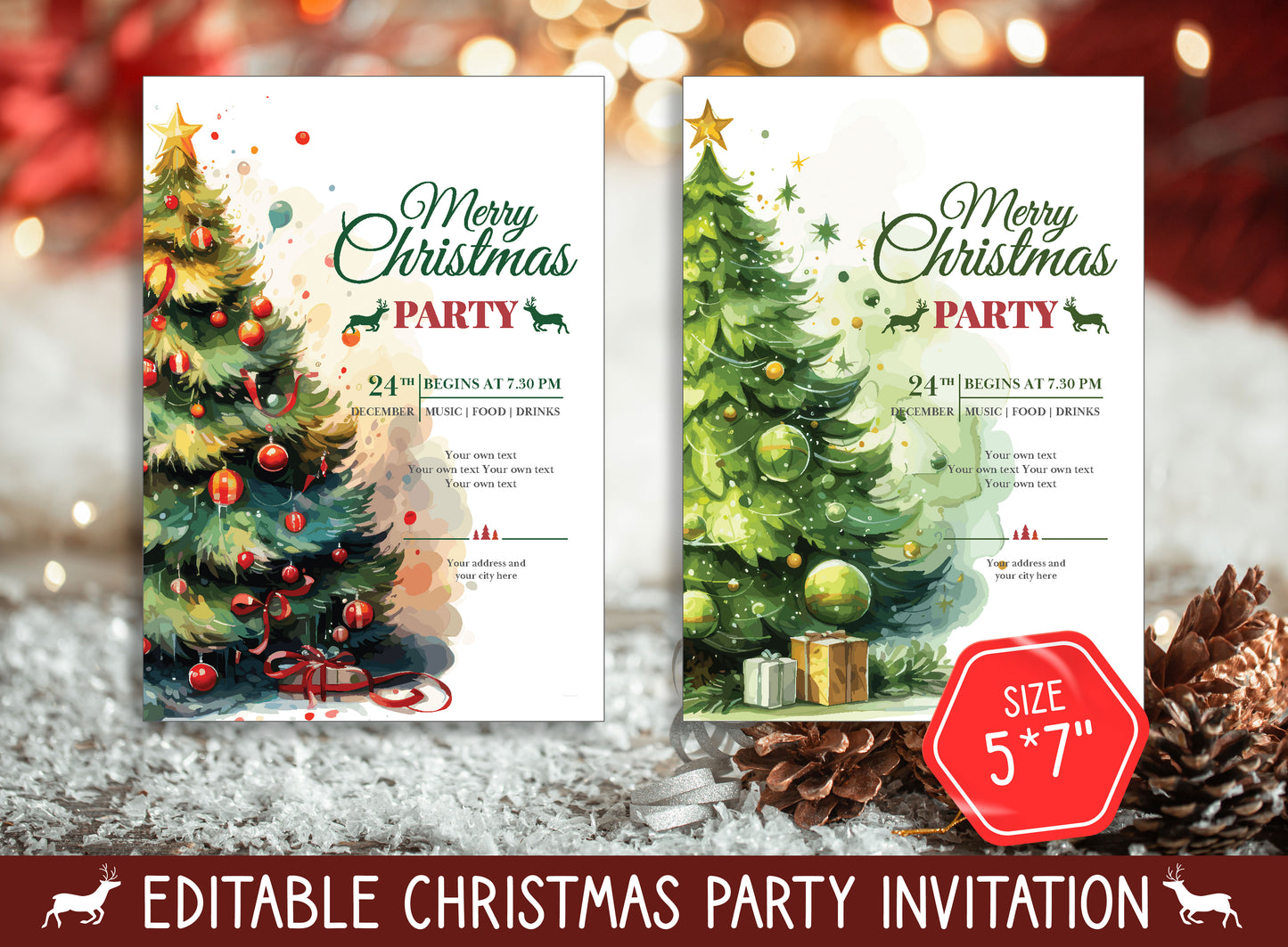 Editable Invitations Christmas Party, Choose from 2 Designs & 2 Sizes (8.5"x11" and 5"x7"), PDF File, Instant Download