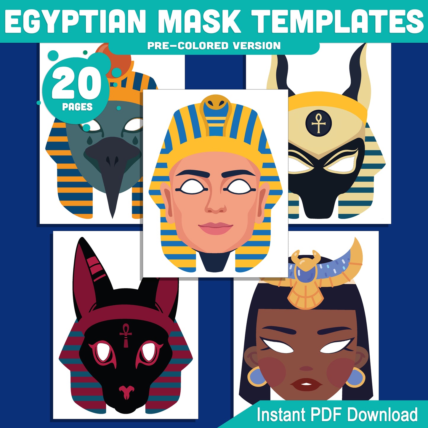Egyptian Mask Templates for Kids: Printable Pharaoh, Anubis, Cleopatra & More Masks, Pre-Colored & Black and White, Fun PDF Craft Activity