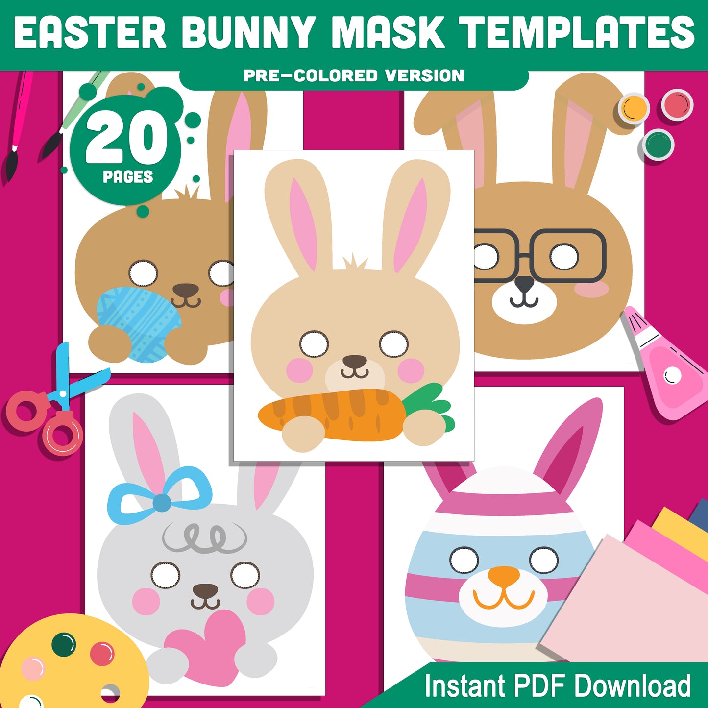 Easter Bunny Mask Printables: 20-Page DIY Craft Set for Kids, Pre-Colored & Black and White, Great for Costumes, Play, Spring Parties, Instant PDF Download