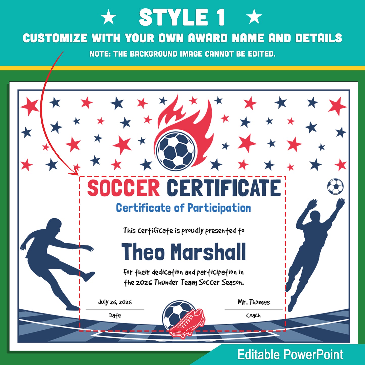 Editable Soccer Certificates | 4 Styles with Photo Options | Youth Team Awards, Player Recognition - 8.5x11 PowerPoint Instant Download