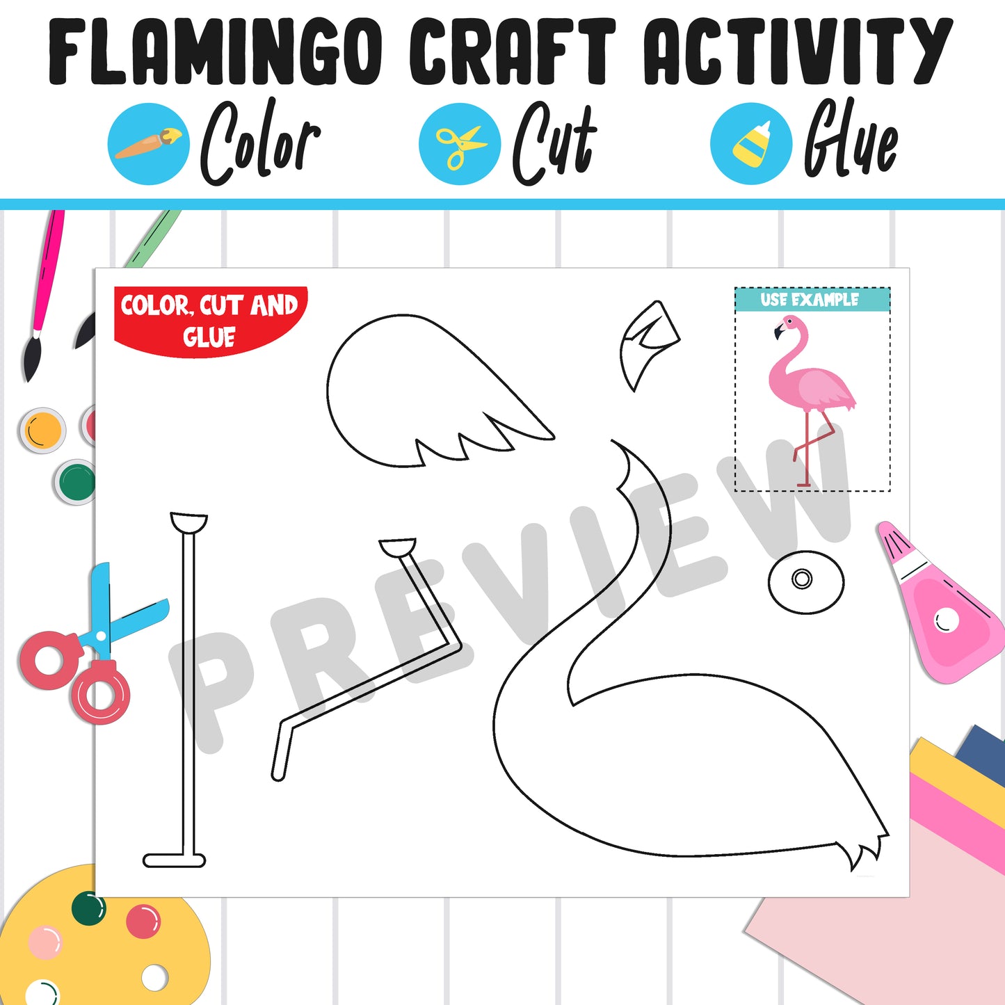 Pink Flamingo Craft Activity - Color, Cut, and Glue for PreK to 2nd Grade, PDF File, Instant Download