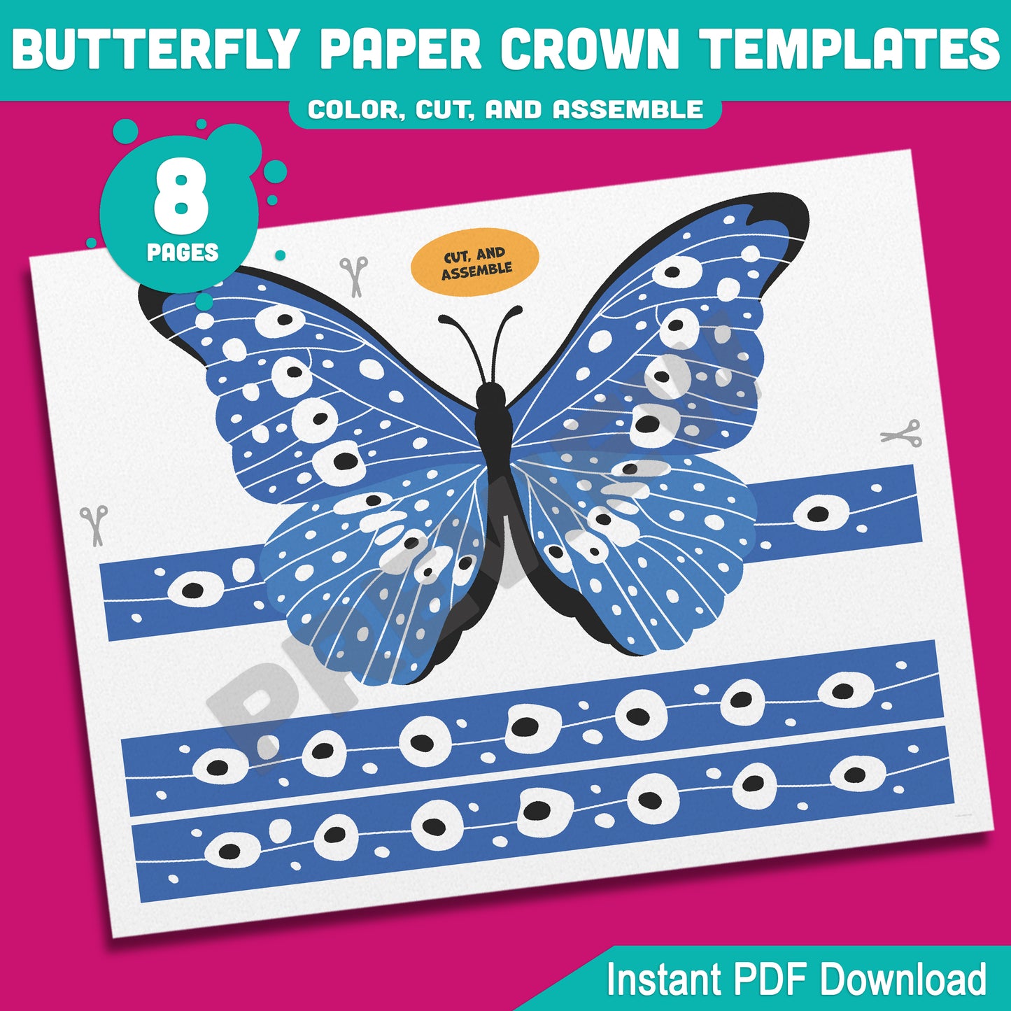 Printable Butterfly Paper Crowns – 4 Adorable Designs for Spring Headband Crafts, Pre-Colored + B&W Versions, 8 Pages for Kids