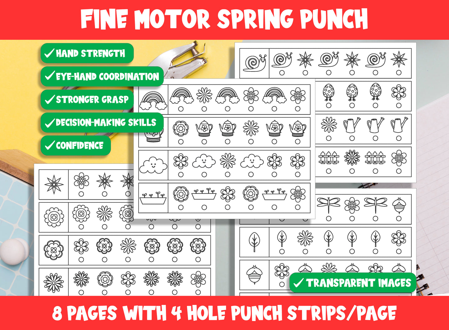 Fine Motor Spring Punch, Spring Hole Punch Activities for Task Boxes & Tubs, 8 Pages, 4 Strips/Page, PDF File, Instant Download.
