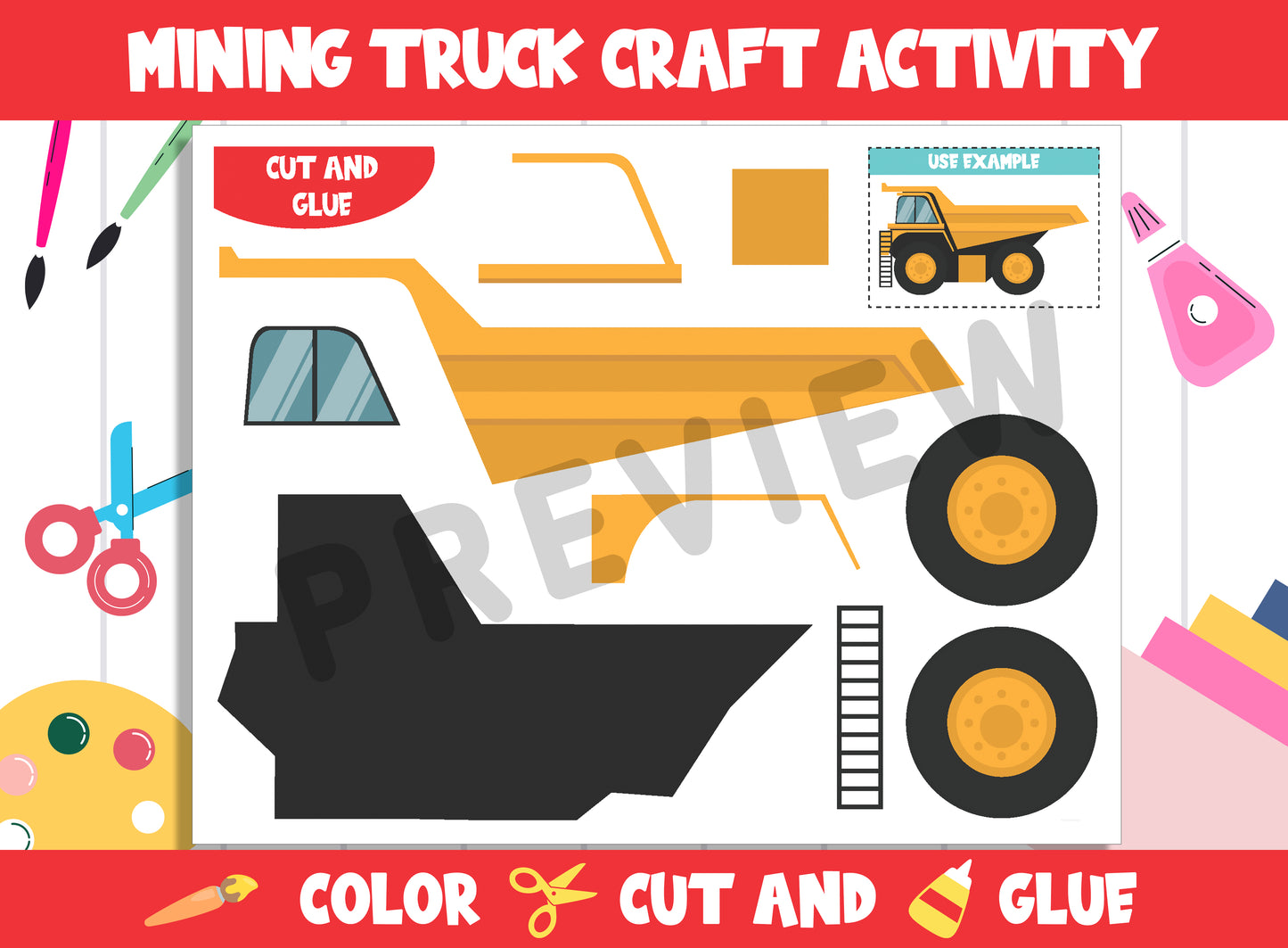 Construction Vehicle Craft Activity - Mining Truck : Color, Cut, and Glue for PreK to 2nd Grade, PDF File, Instant Download