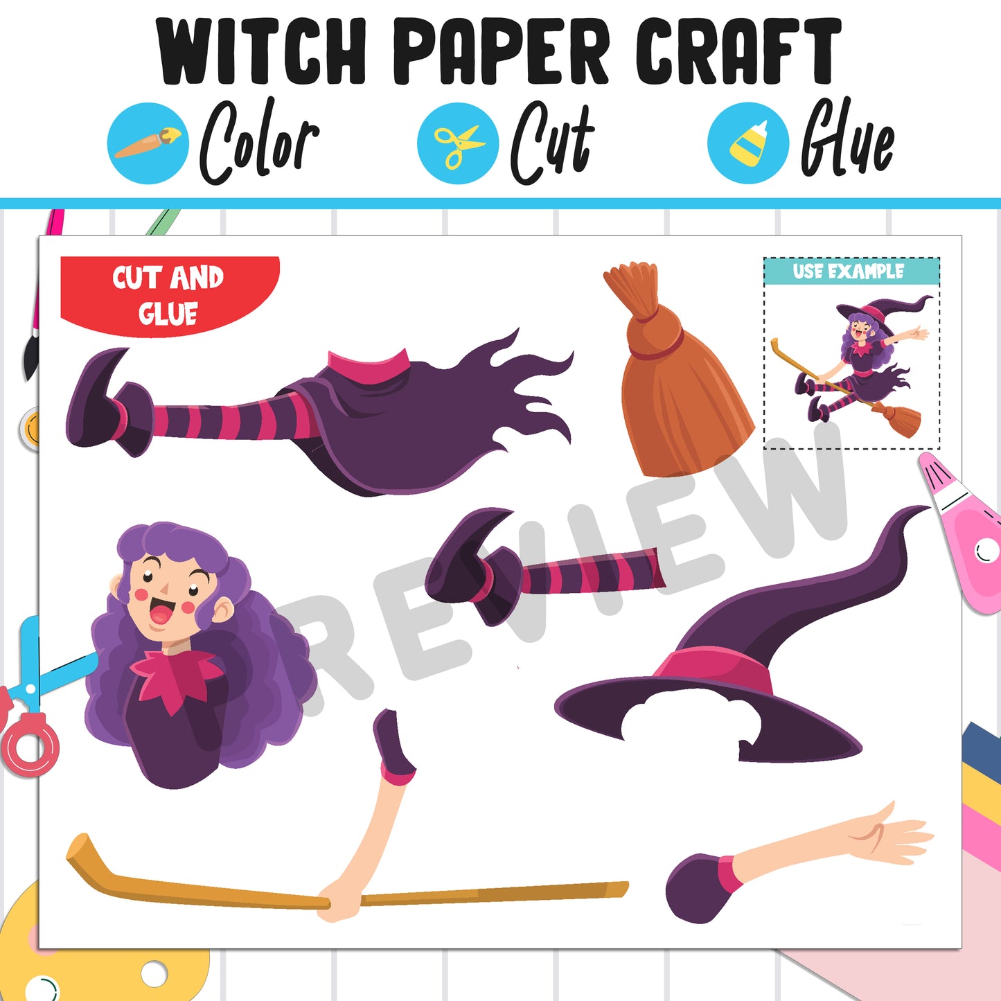 Witch Paper Craft for Kids: Color, Cut, and Glue, a Fun Activity for K to 2nd Grade, PDF Instant Download