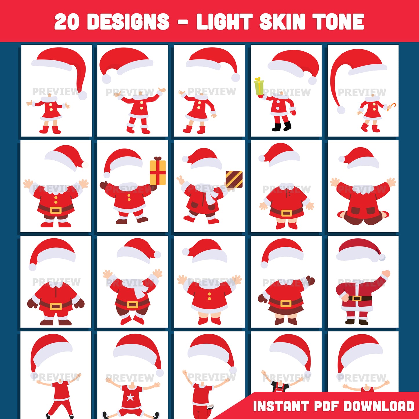 Printable Kids Santa Body Templates, 20 Fun Christmas Designs (Light + Dark Skin Tone), Add Your Own Face Craft, School or Home Holiday Activity PDF