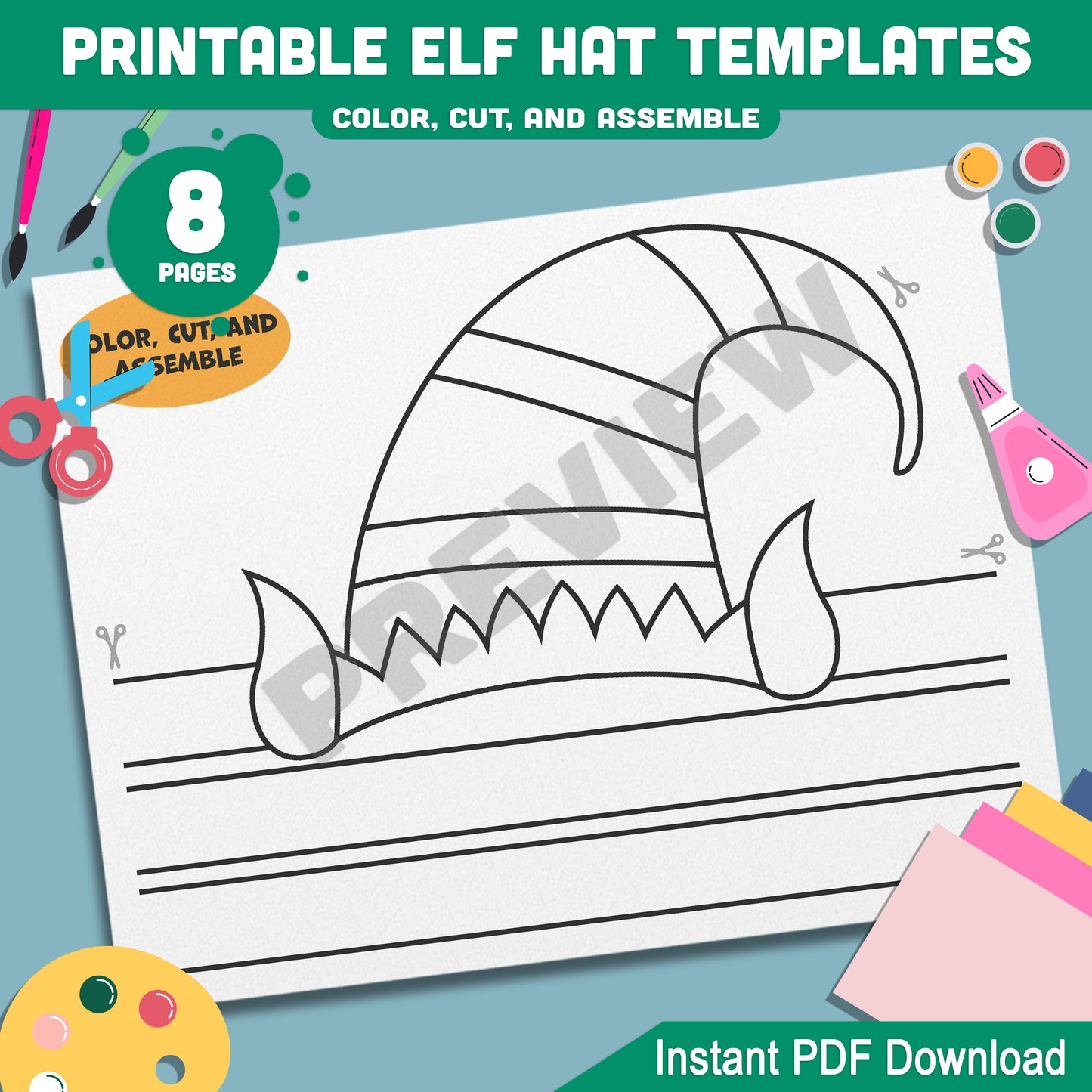 Fun Printable Elf Hat Craft Templates: 4 Christmas Designs for Kids in Color and Black-and-White, Perfect for Holiday Activities, Instant Download PDF.