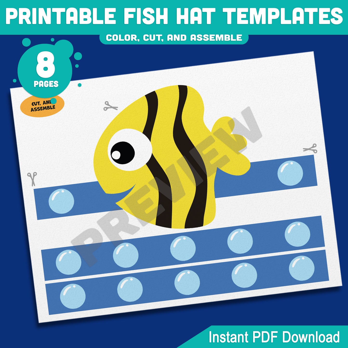 Printable Fish Hat Templates – 8 Fun Paper Crowns with Pre-Colored + Black & White Options, Perfect for Kids’ Ocean Craft and Pretend Play