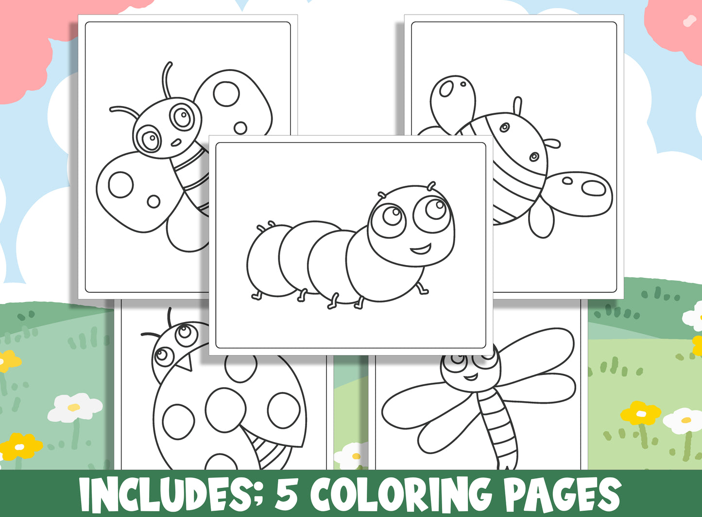 Learn How to Draw Insects (Butterfly, Bee, Ladybug, Dragonfly, Caterpillar), Directed Drawing Step by Step Tutorial + 5 Coloring Pages
