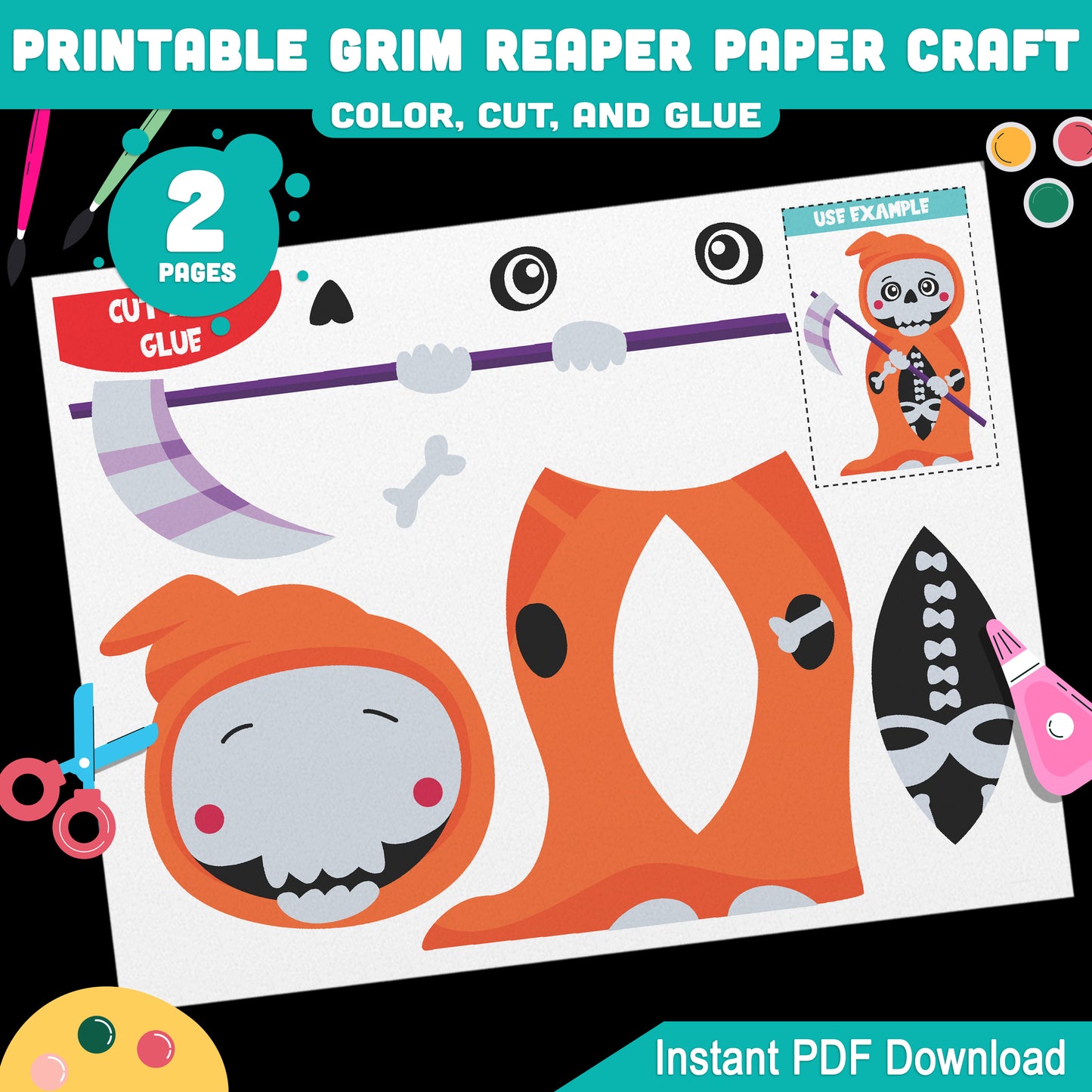 Printable Grim Reaper Paper Craft for Kids, Easy Halloween Cut and Glue Project, Preschool, Pre-K, Kindergarten, Fall Classroom Craft, 2 Pages PDF Download