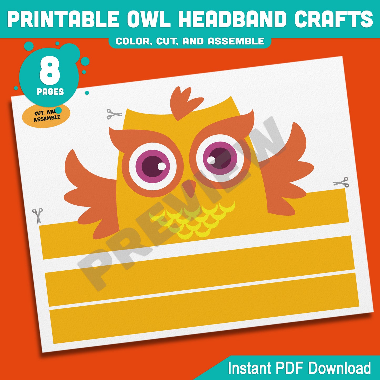 Printable Owl Headband Crafts, Autumn Paper Crown Hat Activity, Fun Cut, Color & Assemble Craft for Kids, 5 Owl Designs, Pre-colored + Black & White, PDF Download