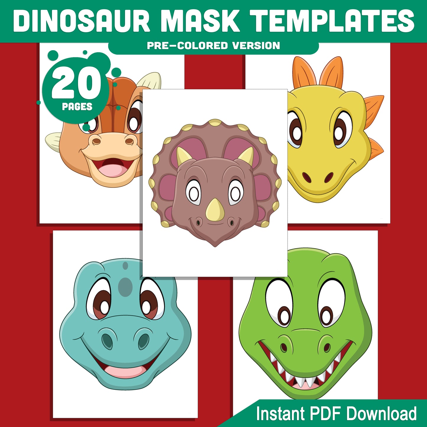 Fun Dinosaur Mask Templates: 20 DIY Printable Pages for Kids, Pre-Colored & Black and White, Great for Role-Playing, Parties & Costumes