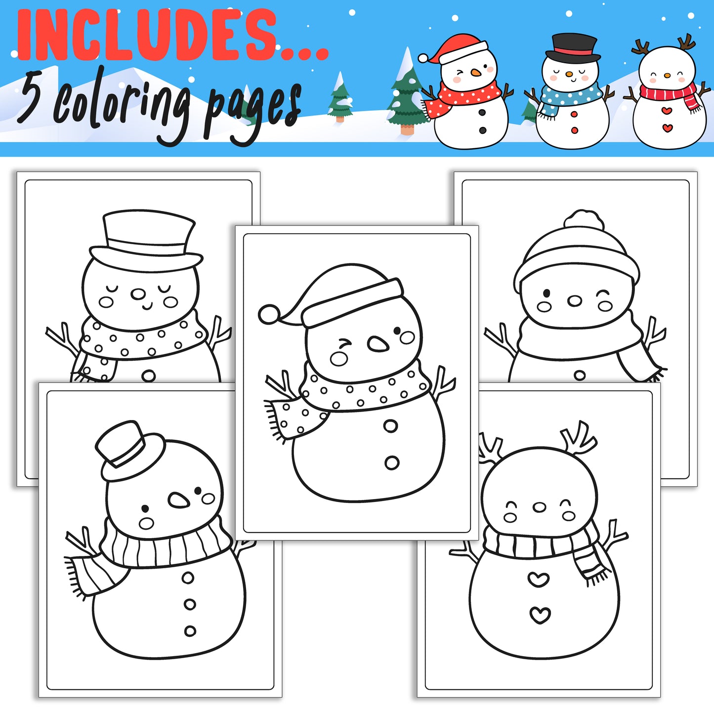 How To Draw a Snowman, Directed Drawing Step by Step Tutorial, Includes 5 Coloring Pages, PDF File, Instant Download