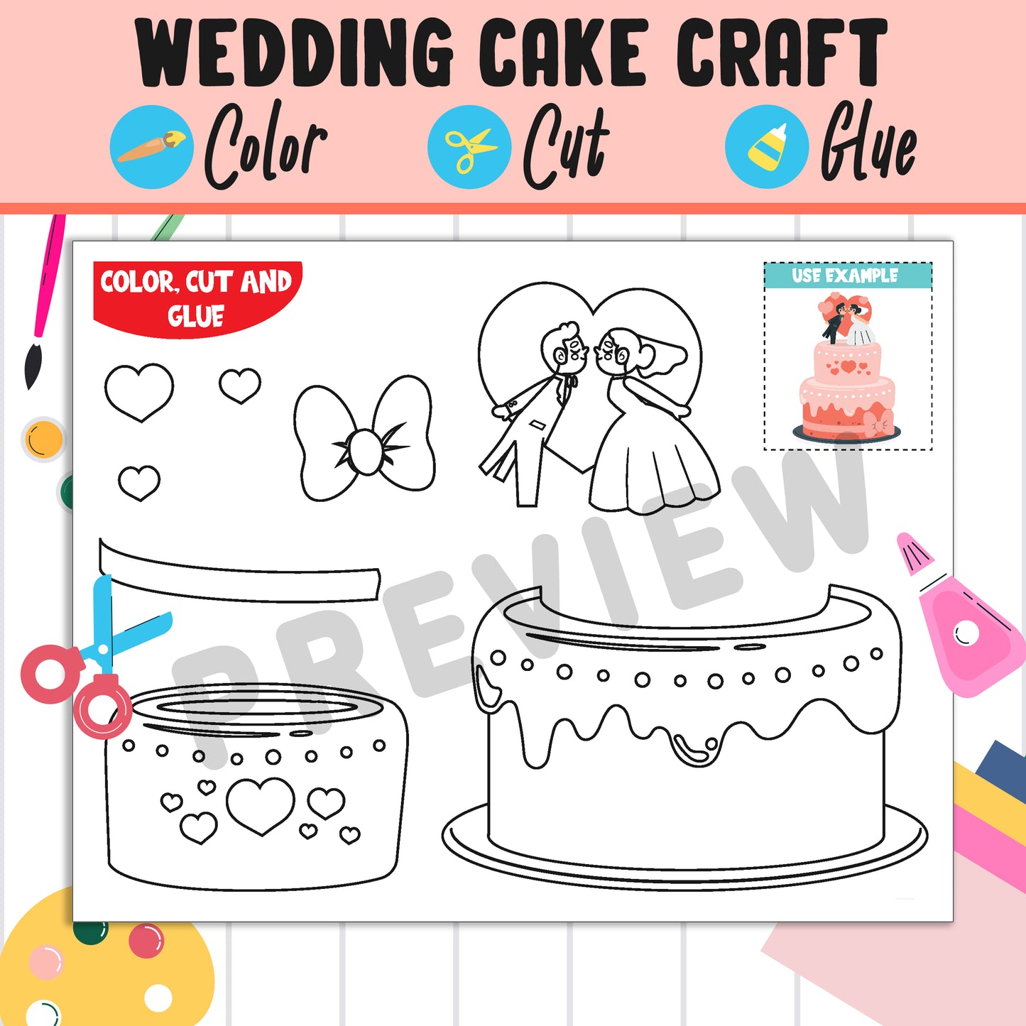 Wedding Cake Craft for Young Artists: Color, Cut, and Glue Activity for PreK to 2nd Grade, PDF File, Instant Download