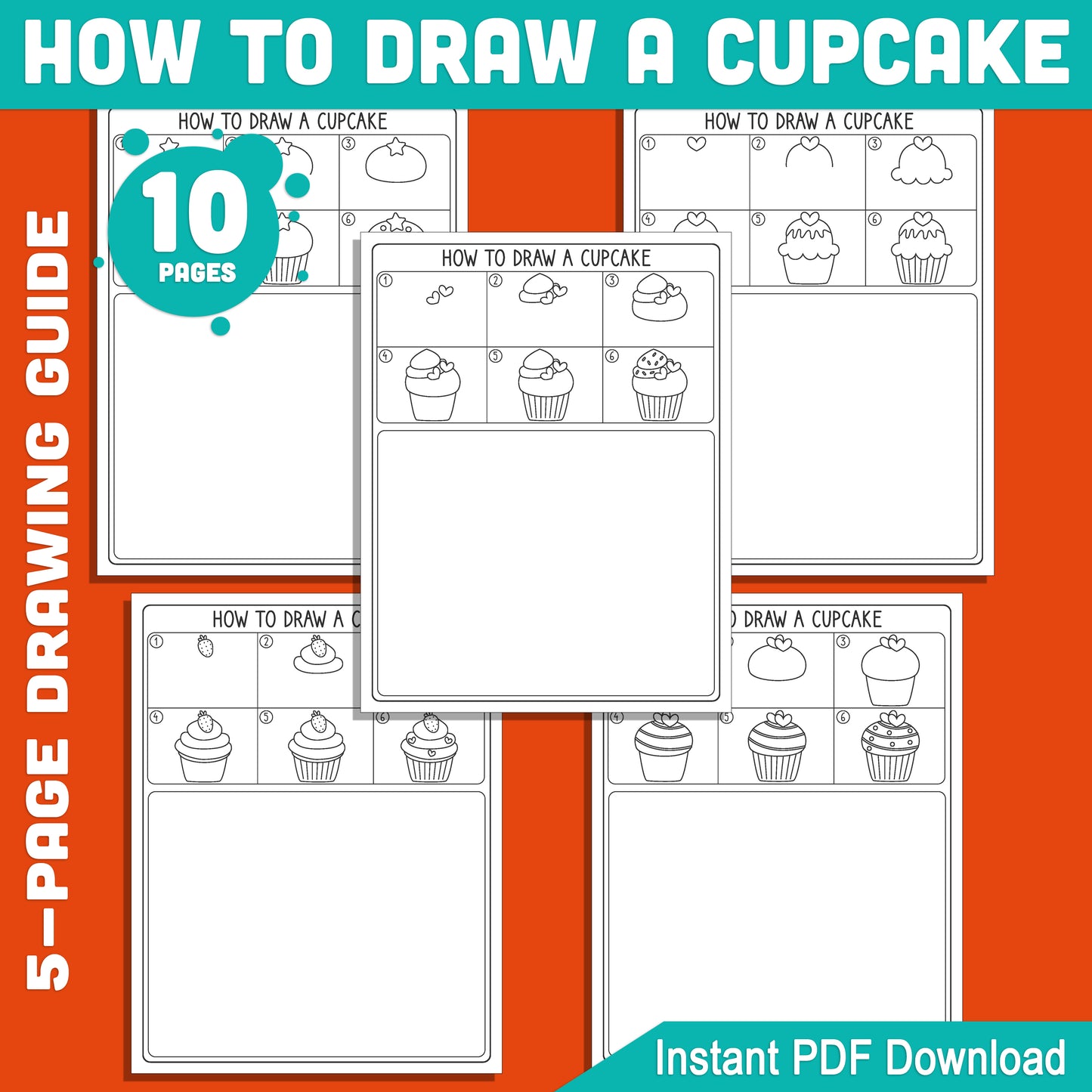 Learn How to Draw a Cupcake: 5-Page Drawing Guide with 5 Fun Coloring Pages for Kids, Step-by-Step Instructions, Perfect for Art Projects, PDF Download