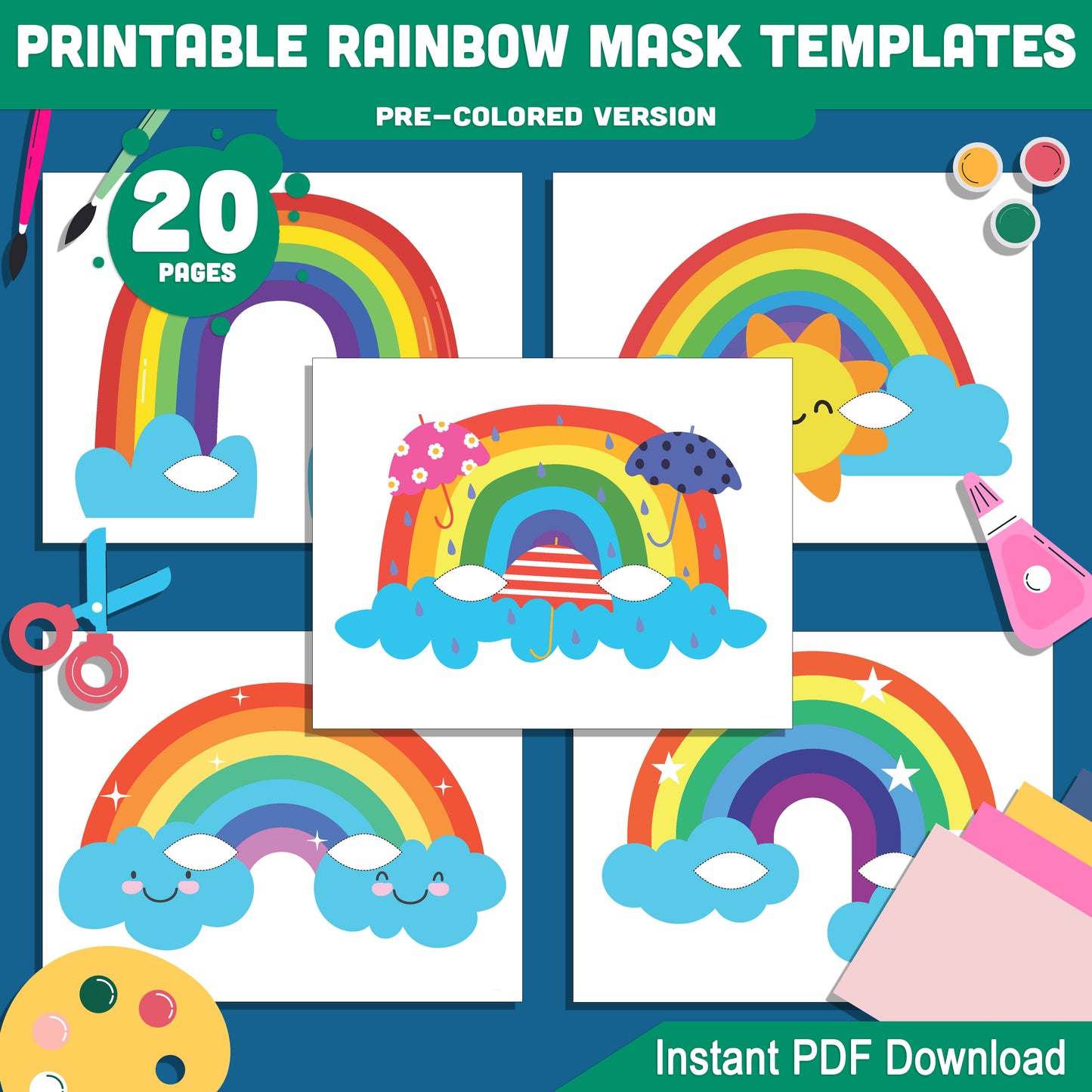 Spring-Themed Rainbow Mask Templates: 20 Creative Pages for Kids’ Dress-Up, Featuring Vibrant Colors & DIY Coloring, Perfect for Play & Events, PDF Download