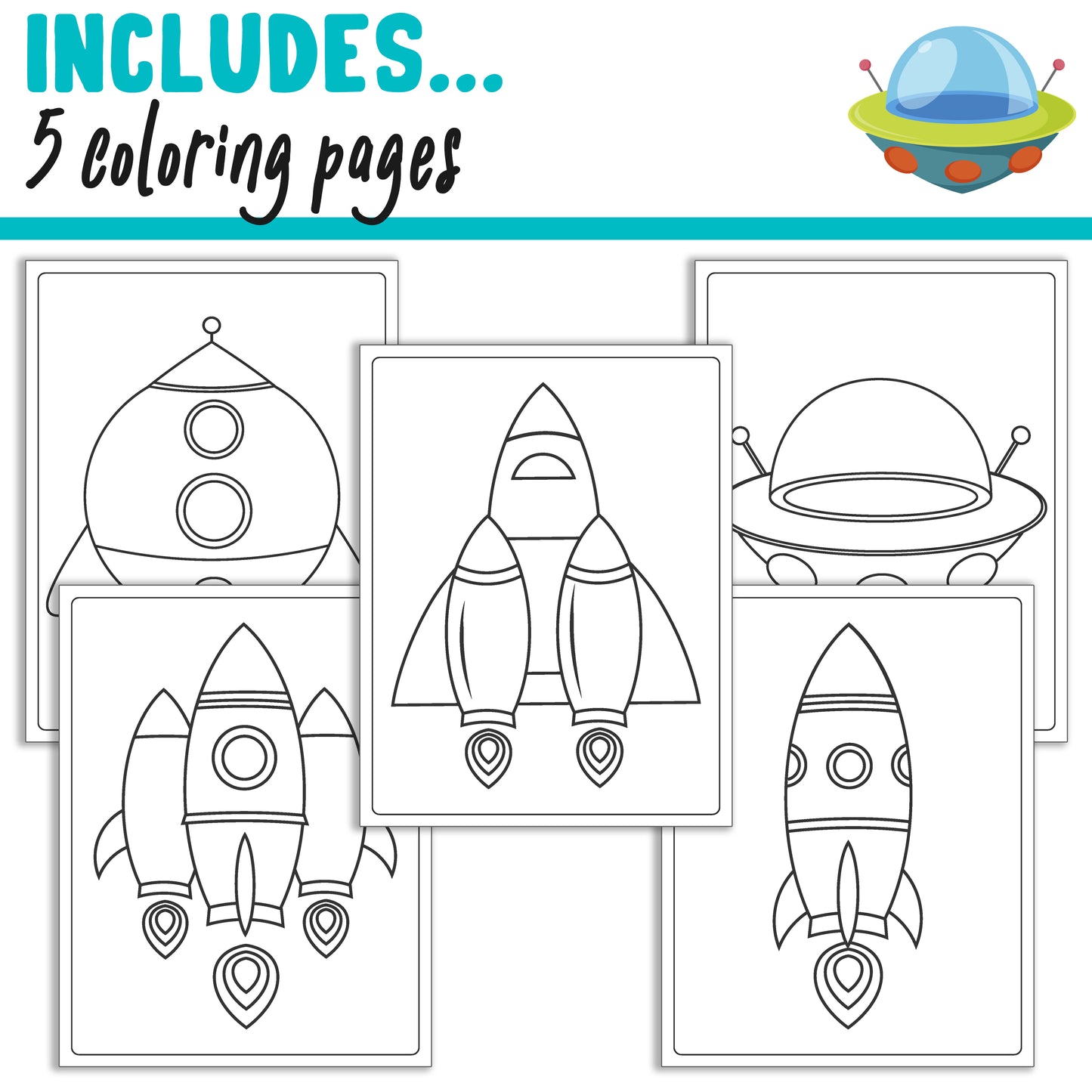 Learn How to Draw Spaceships, Directed Drawing Step by Step Tutorial, Includes 5 Coloring Pages, PDF File, Instant Download