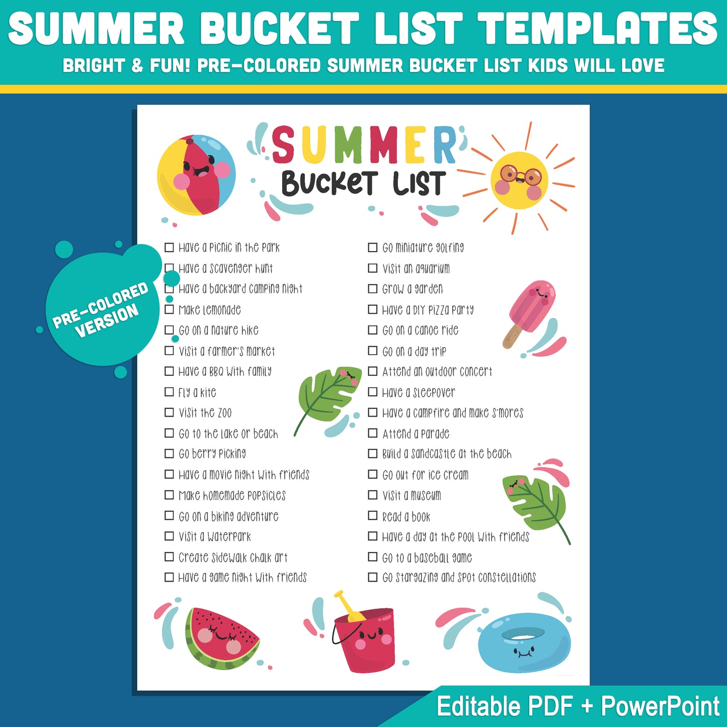 Printable Editable Summer Bucket List for Classroom: Kids' Activity Sheet in PDF & PowerPoint, Black & White and Color, Instant Download