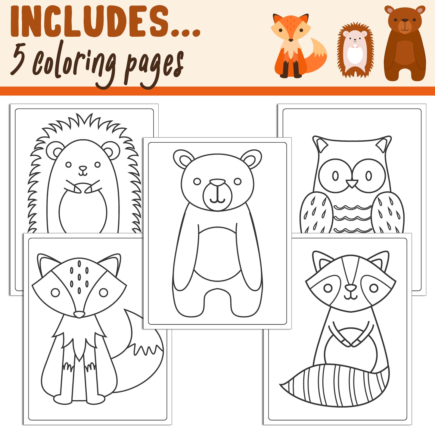 Learn How to Draw Autumn Forest Animals: Directed Drawing Step by Step Tutorial, Includes 5 Coloring Pages, PDF File, Instant Download.