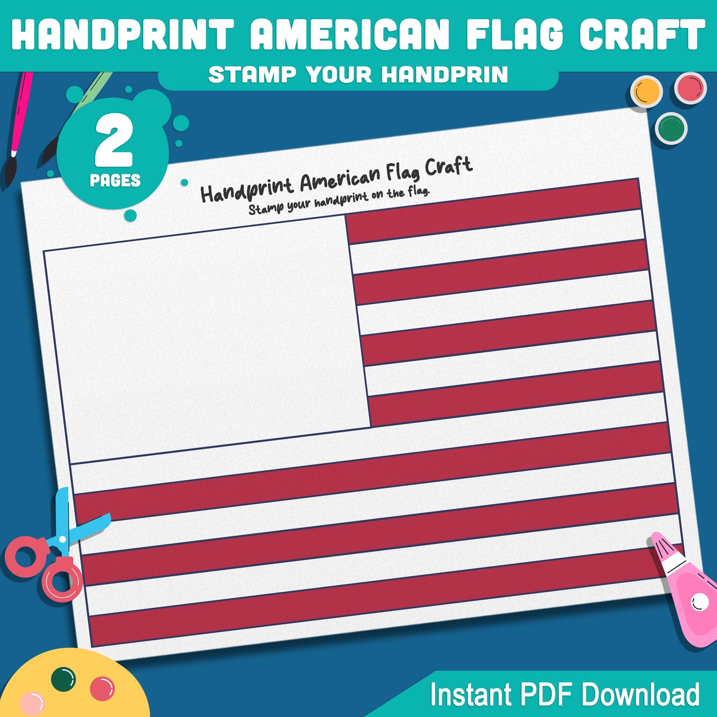 USA Handprint Flag Craft for Kids: Fun 4th of July Art Activity, 2 Printable Sheets in Color & Black and White, PDF Instant Download