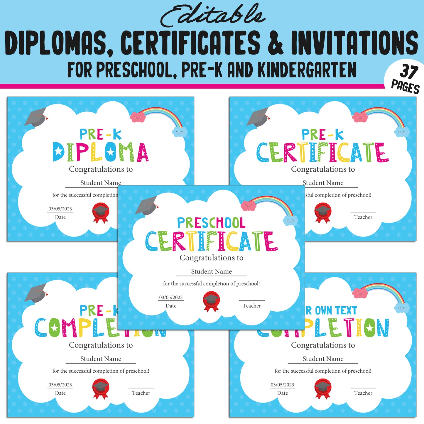 37 Editable Pre-K, Preschool, and Kindergarten Diplomas, Certificates, and Invitations β Instant PDF Download!