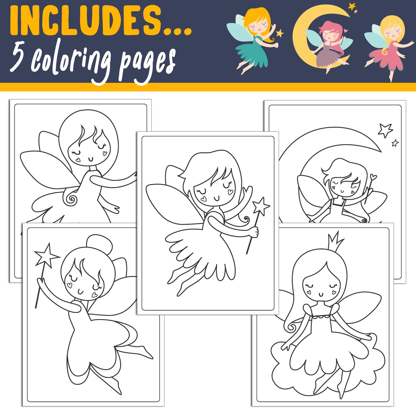 Learn How to Draw a Fairy: Directed Drawing Step by Step Tutorial, Includes 5 Coloring Pages, PDF File, Instant Download.