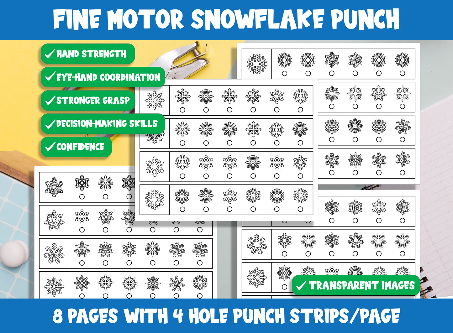 Fine Motor Snowflake Punch, Winter Hole Punch Activities for Task Boxes & Tubs, 8 Pages, 4 Strips/Page, PDF File, Instant Download.