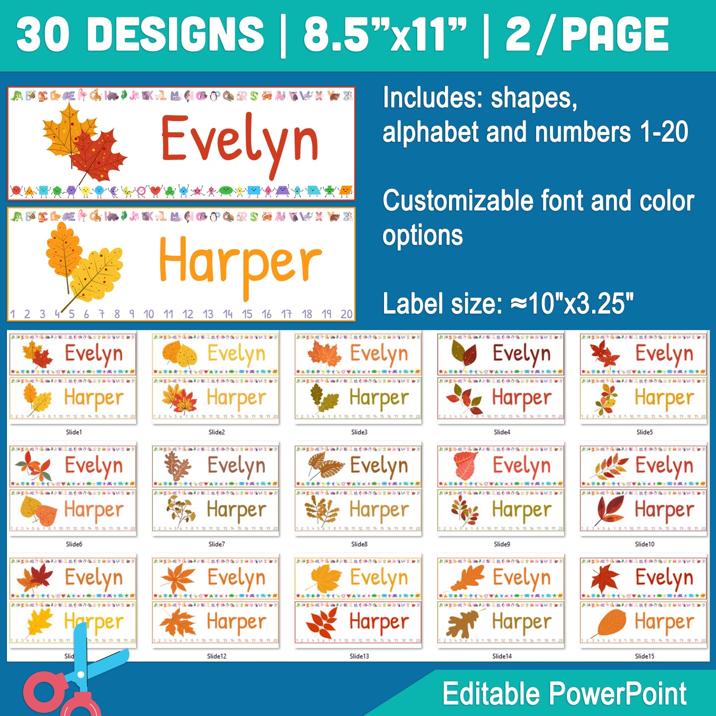 Autumn Leaves Editable Desk Name Tags for Students: 30 Fall-Themed Designs with Alphabet, Shapes, Numbers 1-20, 10"x3.25", 2 Per Page, PowerPoint Template
