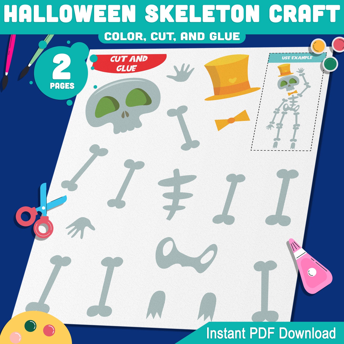 Halloween Skeleton Craft for Preschool, Pre-K, Kindergarten – Easy Cut and Glue Activity, Fun Fine Motor Skill Craft, 2 Pages, Instant PDF Download