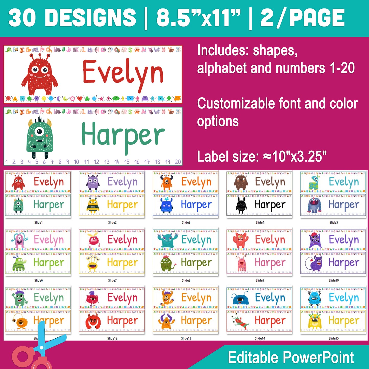 Editable Funny Monster Table Name Tags for Students – 30 Fun Designs with Alphabet, Shapes, and Numbers 1-20, 8.5"x11" Size, PDF Instant Download