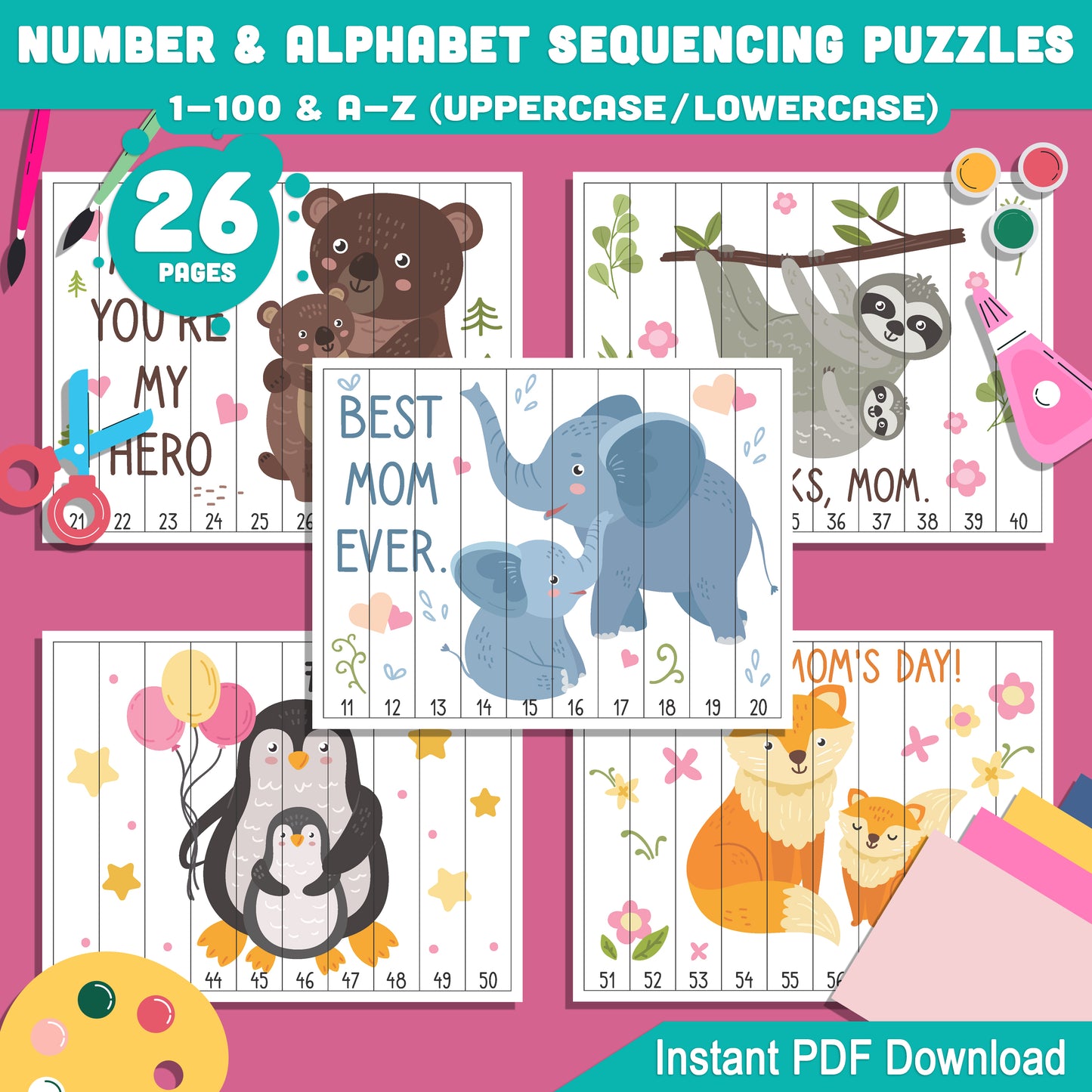 Mother’s Day Themed Number & Alphabet Sequence Puzzles: 1-100 and A-Z (Upper & Lowercase), Printable for Preschool and Kindergarten Activities