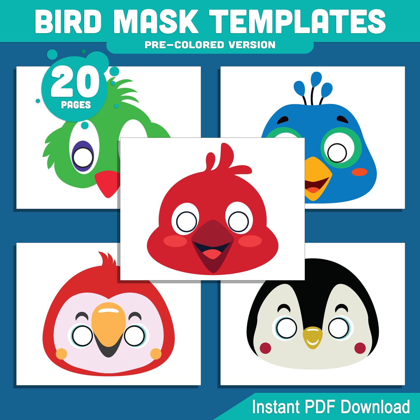 Bird Mask Templates for Kids: 20 Fun Printable Masks for Paper Craft & Pretend Play, Pre-Colored + Black & White, PDF Instant Download