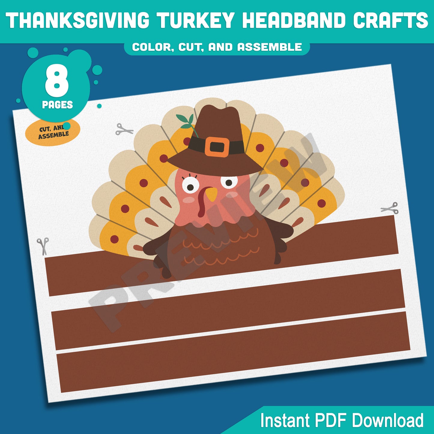 Printable Thanksgiving Turkey Headband Crafts, Fall Paper Crown Hat for Kids, Color, Cut & Wear Autumn Activity, 5 Turkey Designs, Pre-colored + Black & White, PDF
