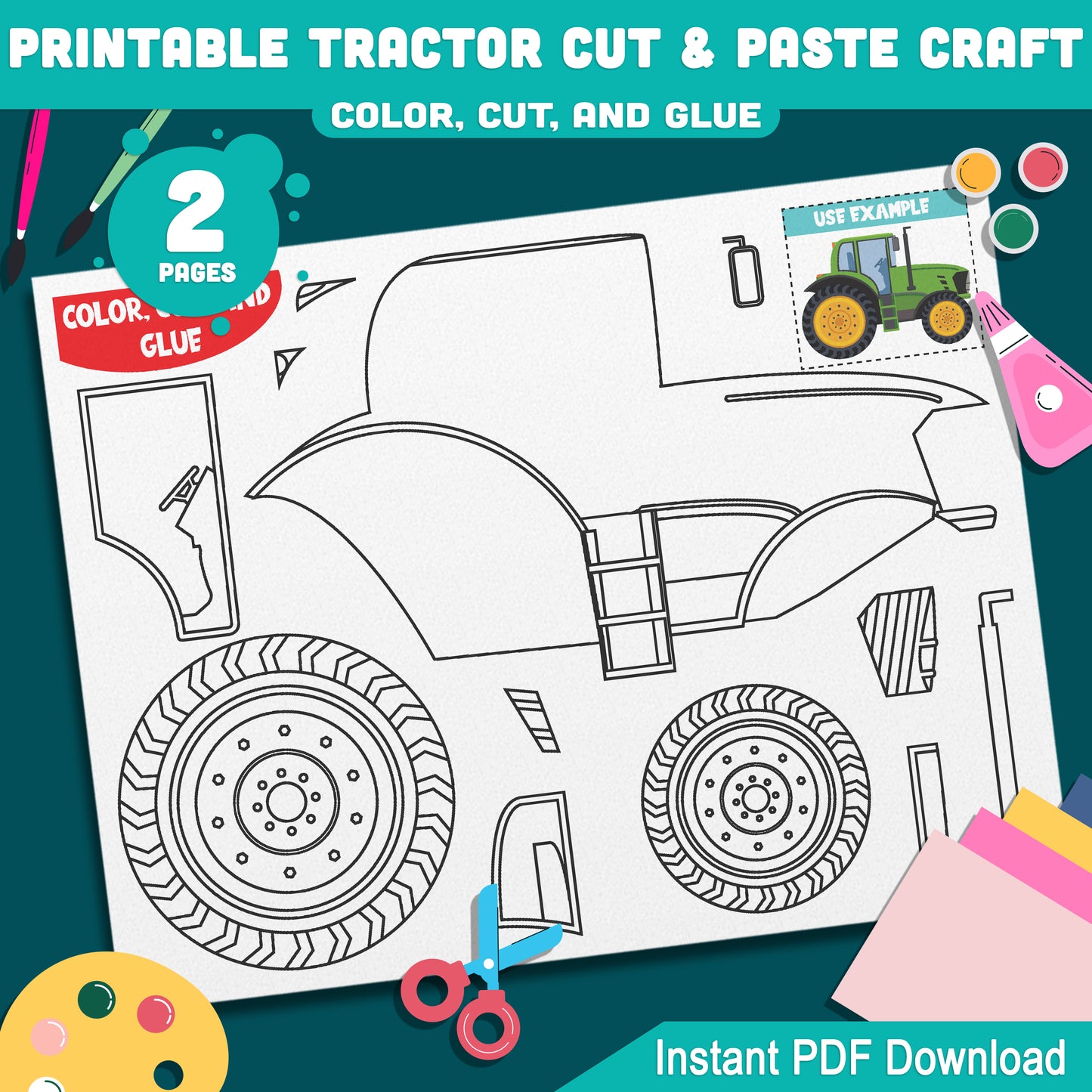 Kids Tractor Craft Printable – Fun Cut and Paste Activity with Pre-Colored and B&W Pages, Perfect for Classrooms or At-Home Projects