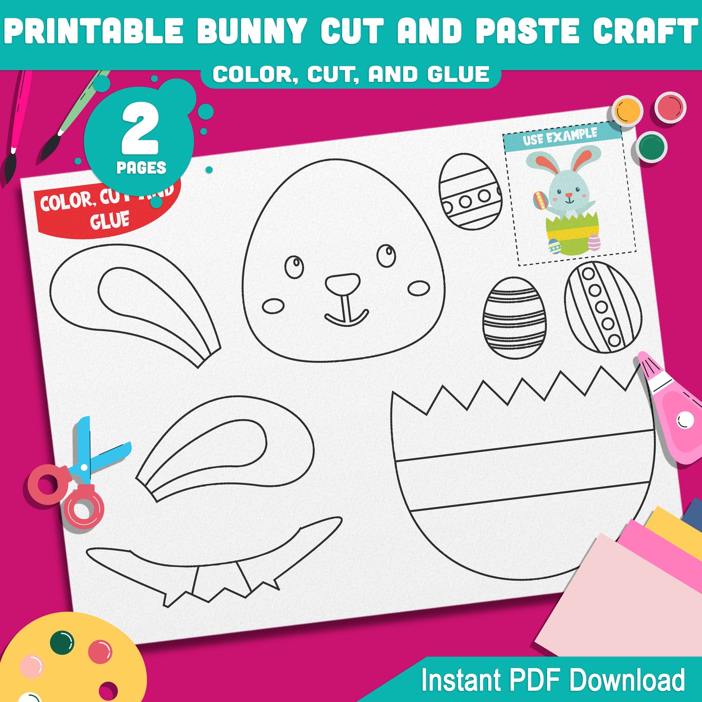 Spring Easter Bunny Craft – Printable Color, Cut, and Glue Activity for Kids with Pre-Colored and B&W Options, PDF Download for Easy Fun