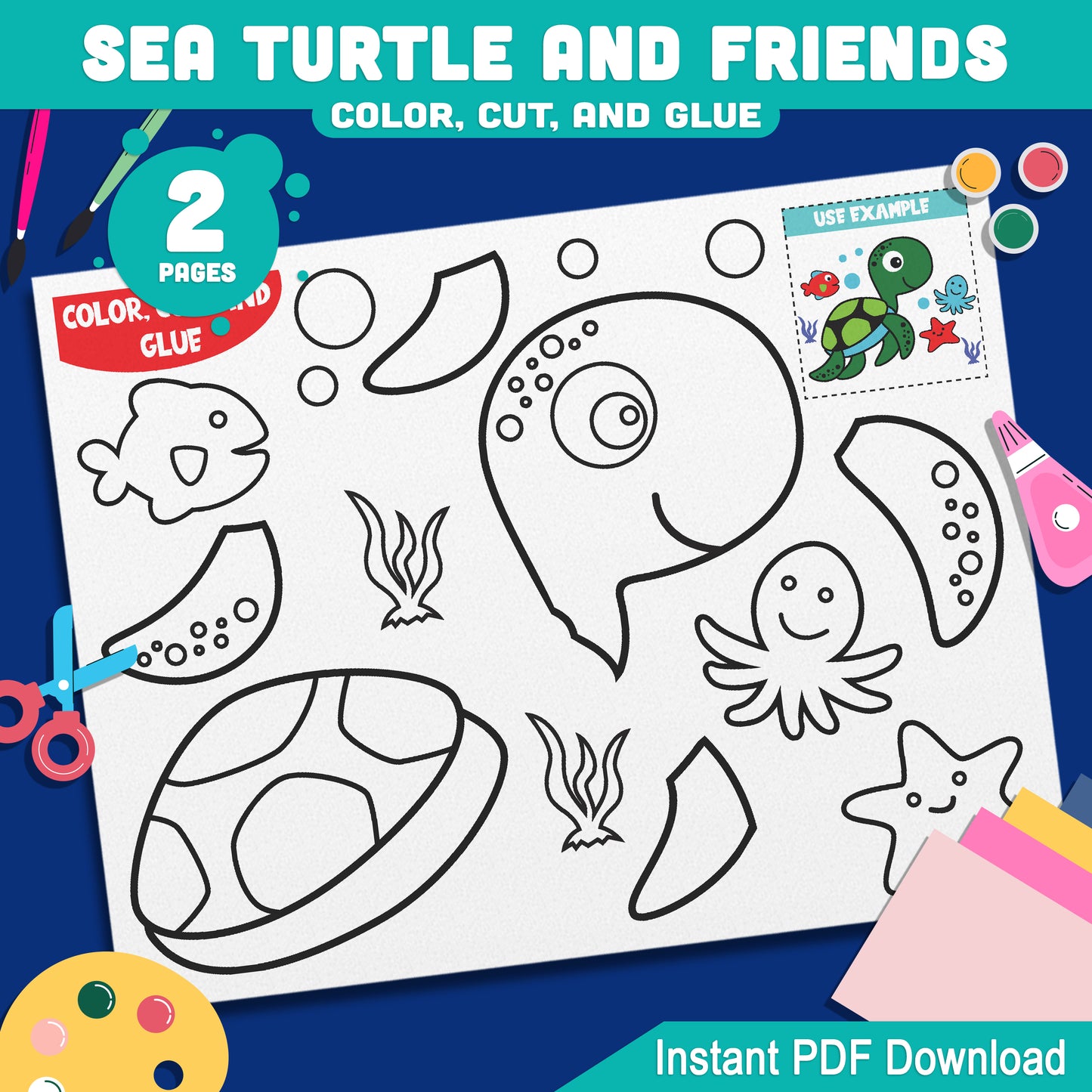 Ocean Friends Paper Craft for Kids β Turtle, Starfish, Octopus, Fish Cut and Paste Activity β Pre-Colored and Black & White PDF File