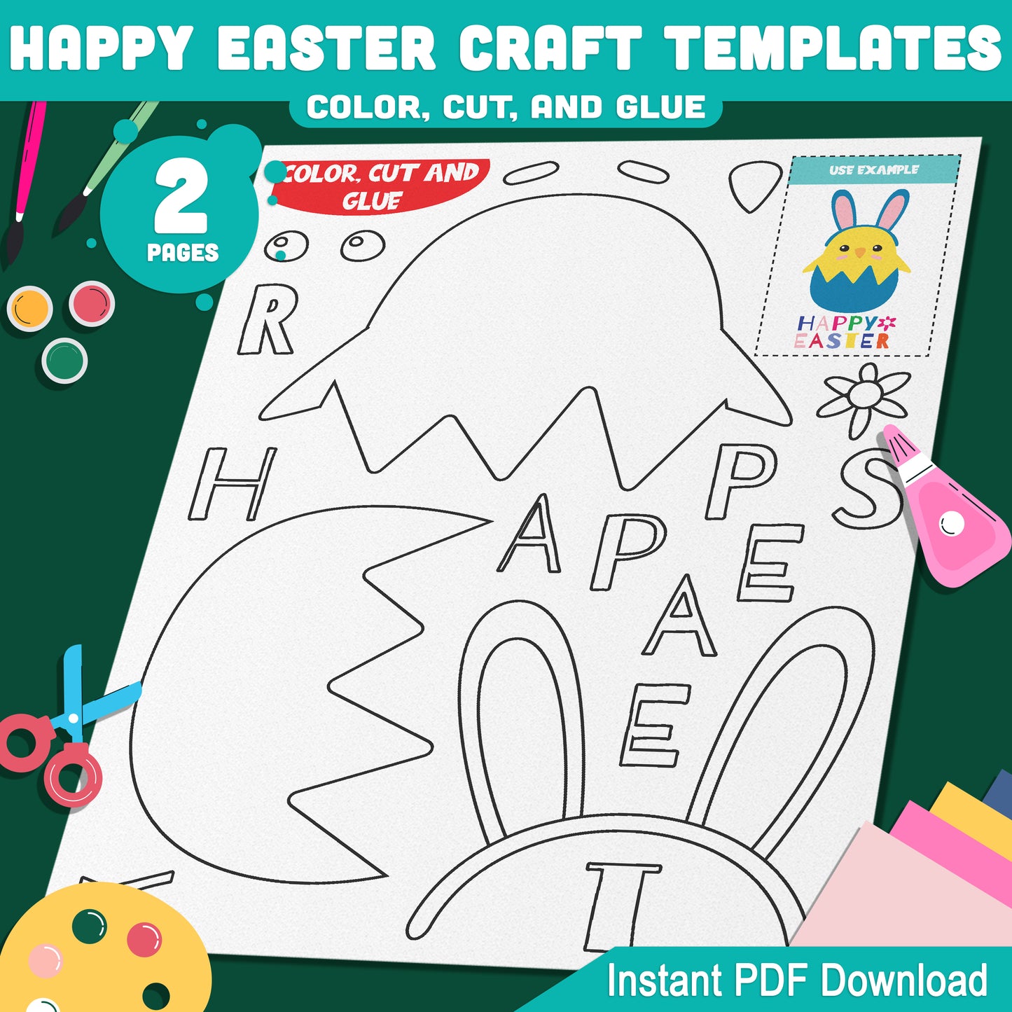 Happy Easter Craft Templates: Simple 2-Page Printable Kids Activity, Fun Color, Cut & Glue DIY Easter Project, Pre-Colored & Black and White, Ideal for Spring, Instant PDF Download