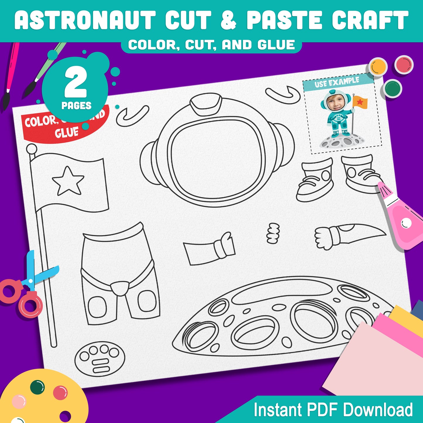 Space-Themed Astronaut Craft for Kids – Printable Cut, Color, and Paste Activity with Face Insert, 2 Versions in PDF Download