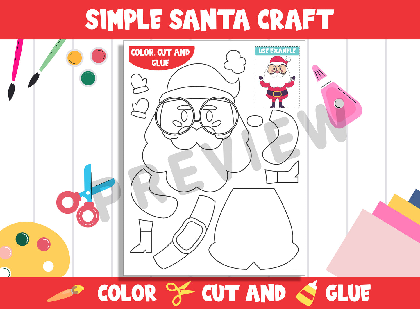 Simple Santa & Christmas Craft Activity - Color, Cut, and Glue for PreK to 2nd