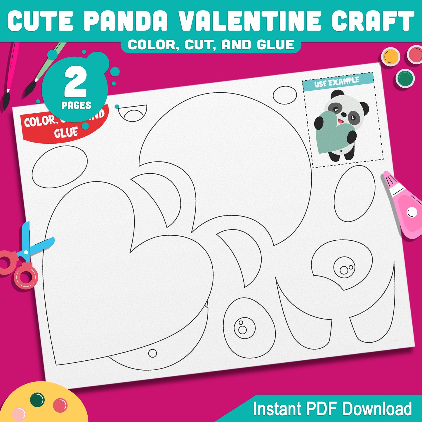 Cute Panda Valentine Craft Printable Color Cut and Glue Activity for Preschool Pre-K Kindergarten School Craft