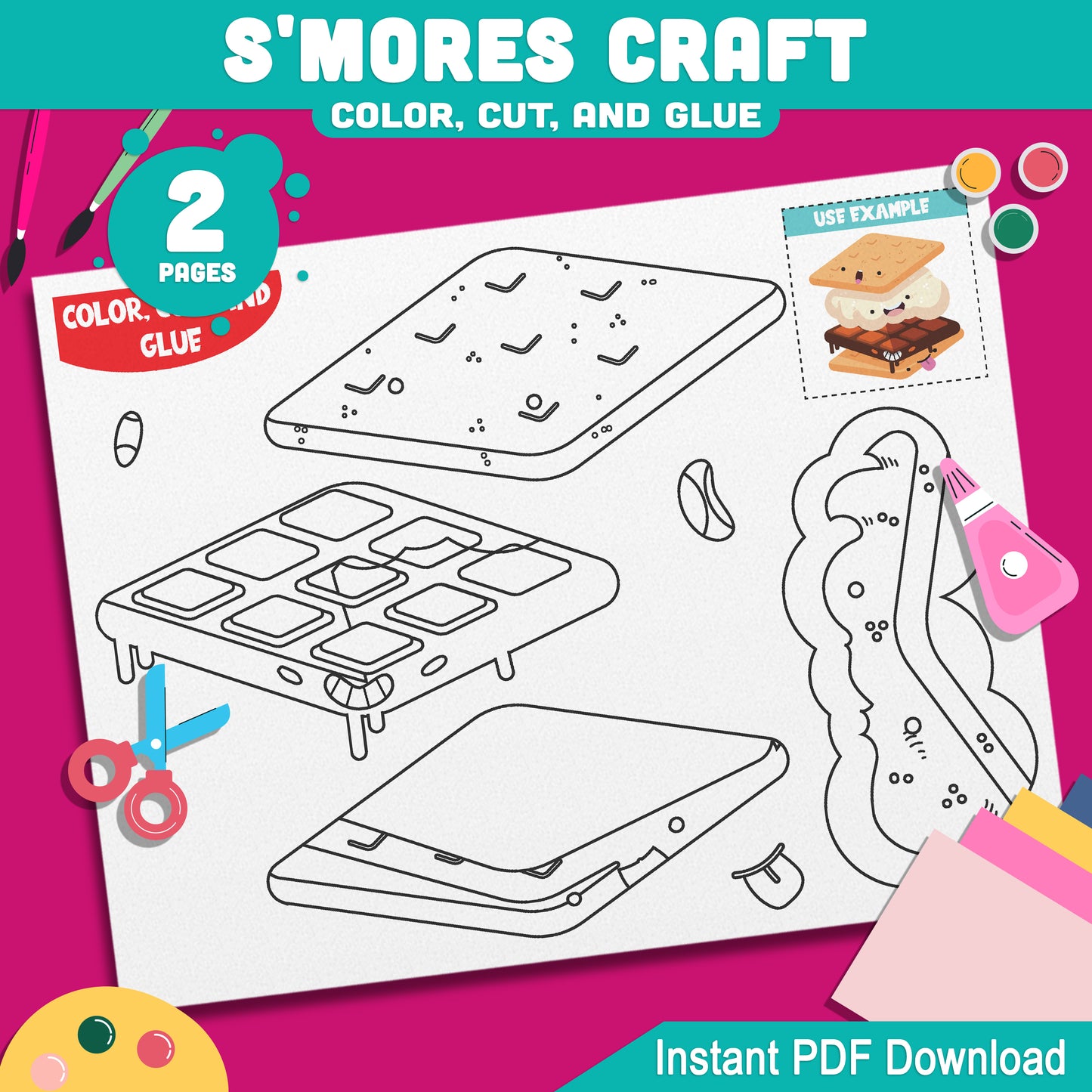 Color Cut and Glue S'mores Craft Printable, Fun Summer Camping Party Activity for Kids, 2 Pages of Creative Fun, Instant PDF Download