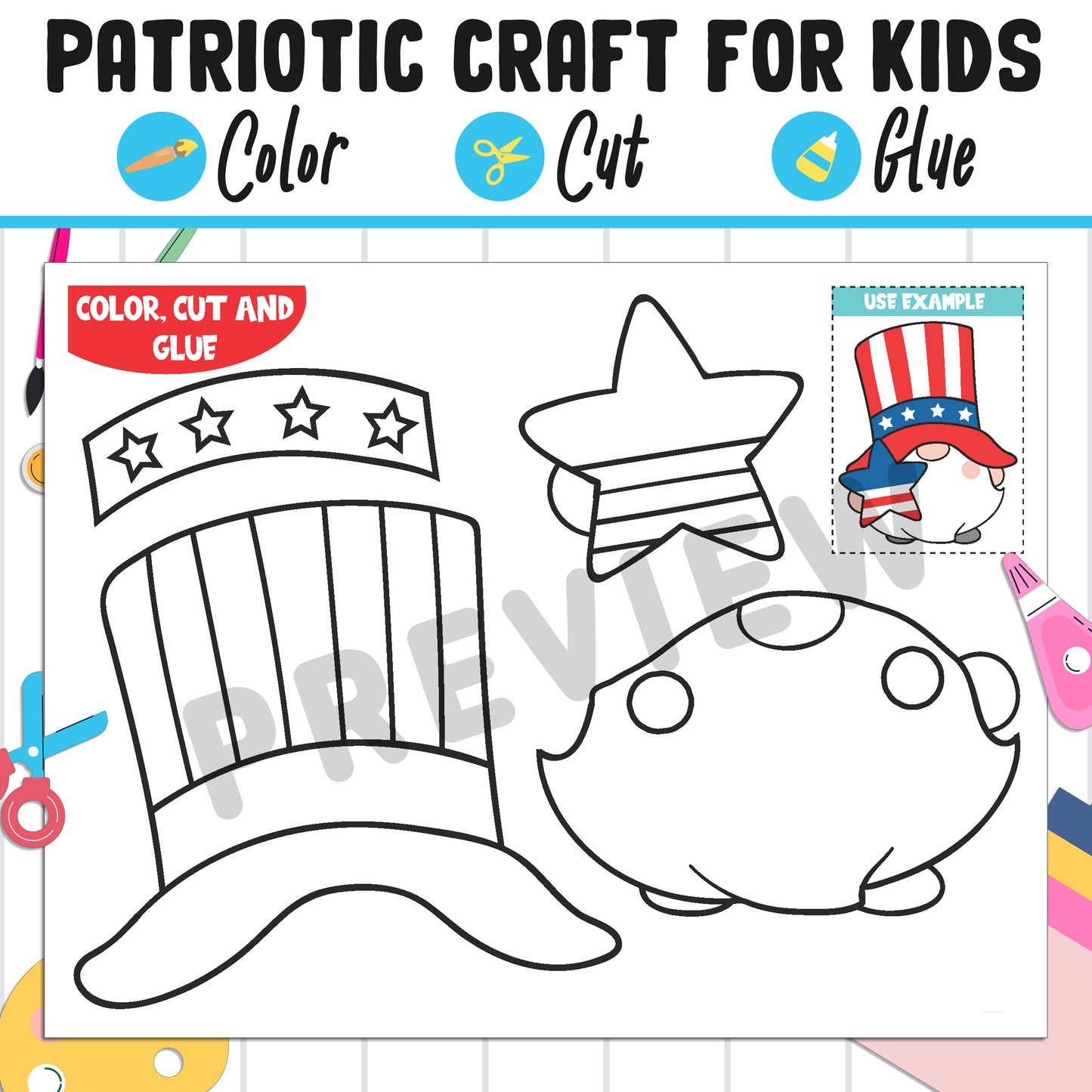 Patriotic Craft for Kids : Color, Cut, and Glue, a Fun 4th of July Activity for Pre K to 2nd Grade, PDF Instant Download