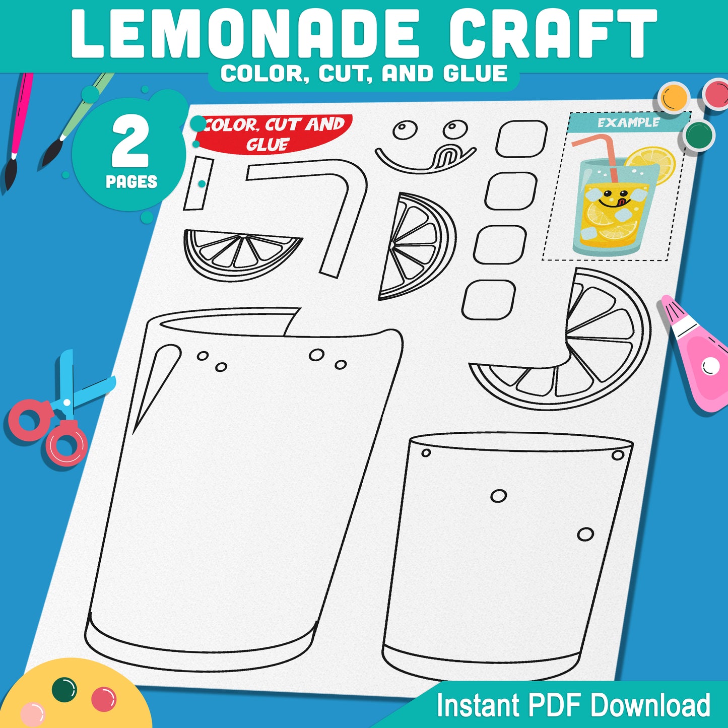 Lemonade Craft, Summer Project Activity, Sunny Day Creative Printable, Lemon Drink Making Project, Coastal Learning Fun