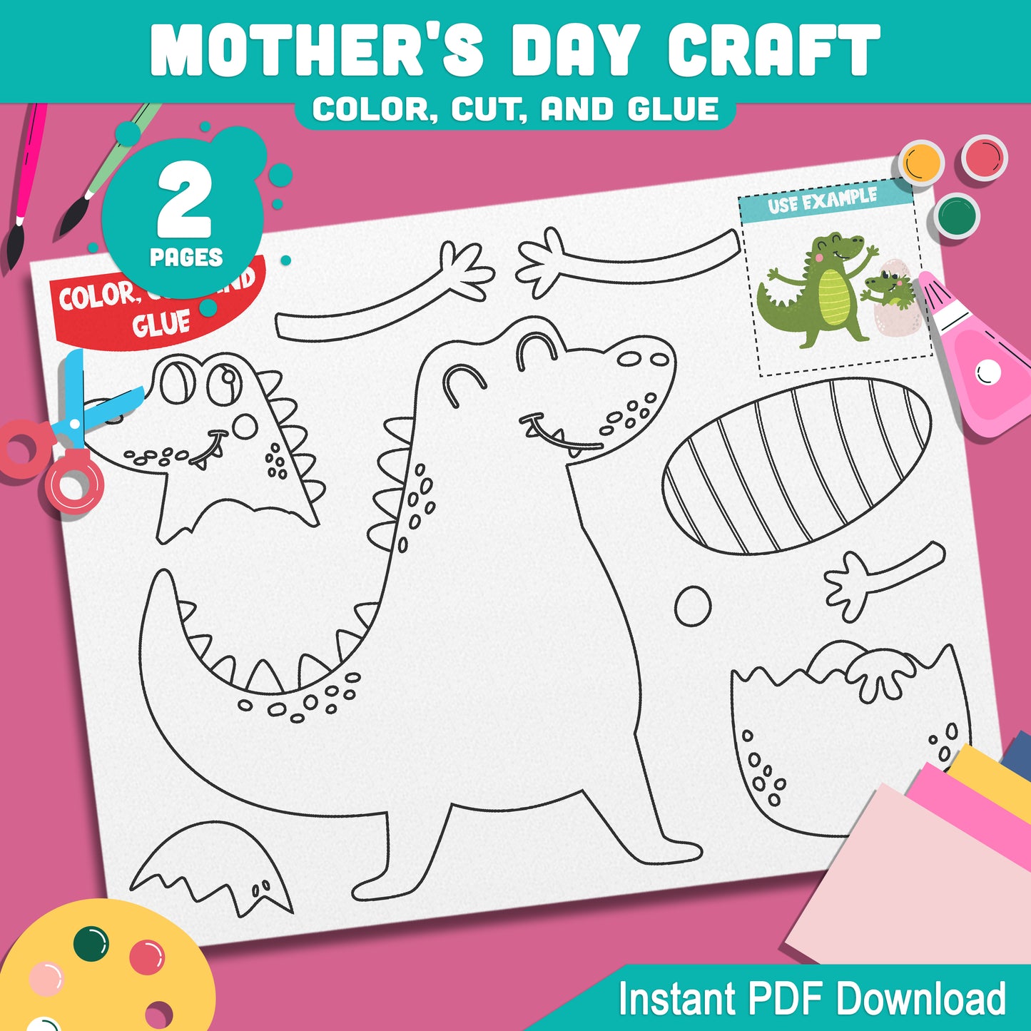 Mother’s Day Craft for Kids: Crocodile-Themed Color, Cut, and Glue Activity, PreK to 2nd Grade, Heartfelt Gift for Mom or Grandma, PDF File