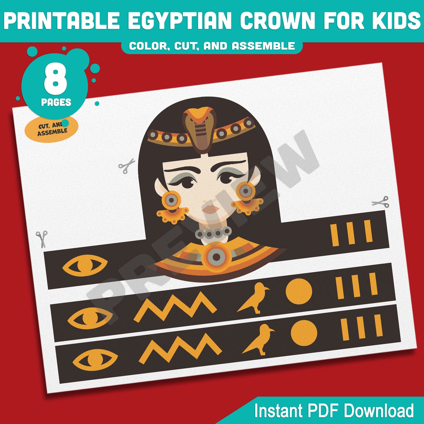 Printable Egyptian Crown for Kids, Pharaoh Cleopatra Sphinx Anubis Paper Hat and Headband Crafts, Fun Color Cut & Wear Activity, 5 Designs, PDF