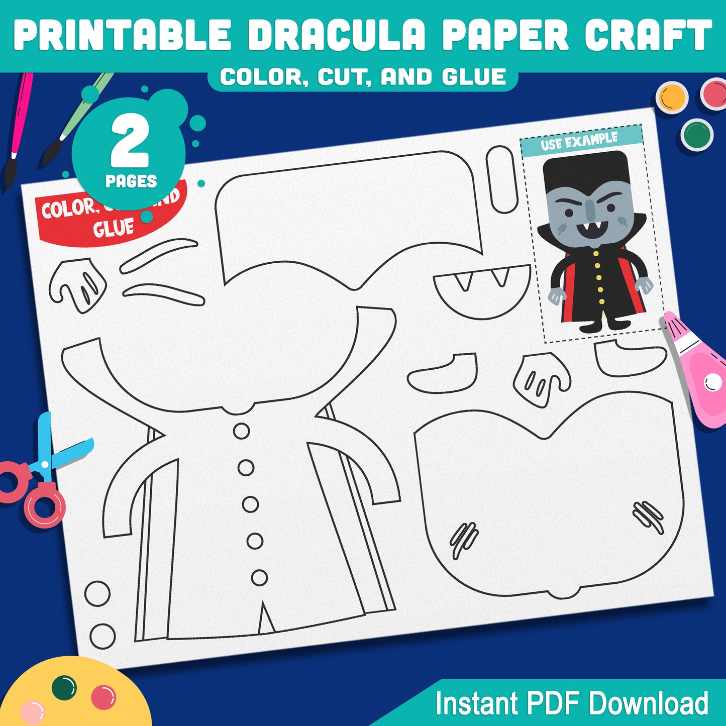 Printable Dracula Paper Craft for Preschool, Pre-K, Kindergarten – Fun Color, Cut and Glue Activity, Pre-Colored & Black and White, Halloween Project